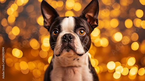 A black and white dog with brown eyes. It is looking at the camera. The dog is standing on a yellow background. Boston Terrier sitting with warm golden festive light gradient