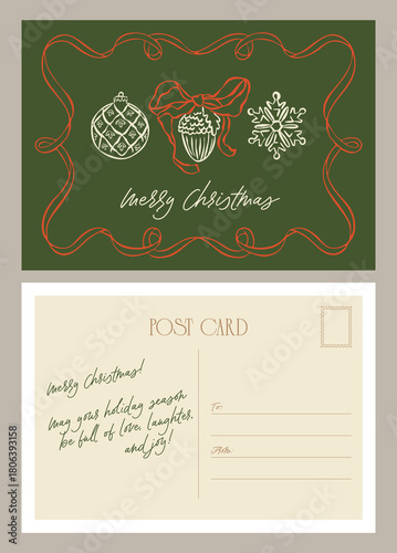 Christmas postcard with whimsical illustration. Art for poster design or postcards.