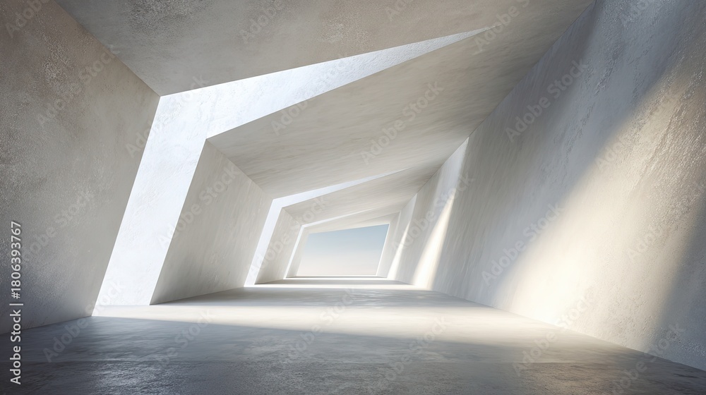 Obraz premium Minimalist white architectural interior with clean geometric lines, soft diffused top lighting and textures