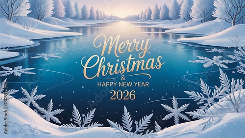 Winter landscape merry christmas and happy new year 2026 greeting card with frosty lake and snowy forest background