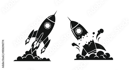 Black and white illustration of two rockets launching with fiery trails