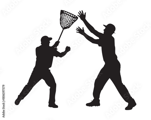  Two men playing lacrosse with a net and ball silhouette