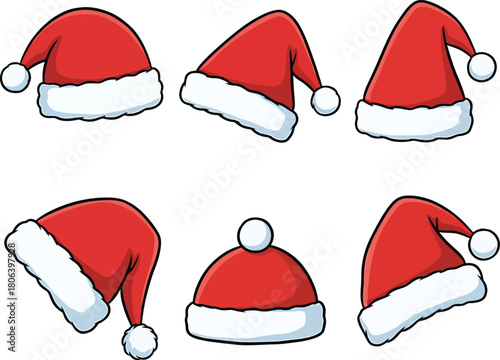 Santa claus hats vector, christmas santa hat vector, Santa red hats with white fur, christmas holiday vector illustration