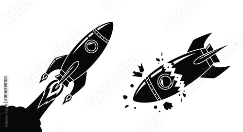 A graphic depiction of a rocket launch and an exploding rocket ship