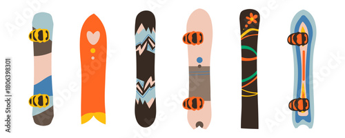 Snowboards set Sleek, Flat Boards Designed For Gliding On white background. Vital Tools For Thrilling Winter Sports mountain activities ,winter sport dynamic winter action and outdoor fun.