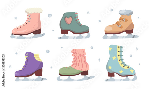 Set of hanging ice skates on white background. Figure skating icons. Ice skates icons for winter sports. Flat hand drawn illustration for web , social media or winter card . Winter sport .