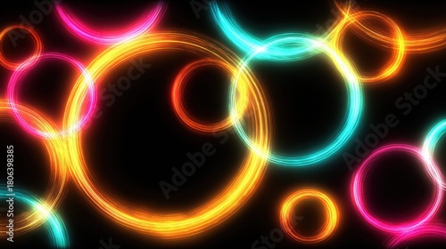Vibrant neon circles create a dynamic and glowing abstract design on a black background.