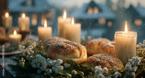 Saint Lucy's joyous tradition features brilliant lit candles on a green winter wreath, delicious golden saffron buns, and a peaceful snowy outdoor vista, December celebration.