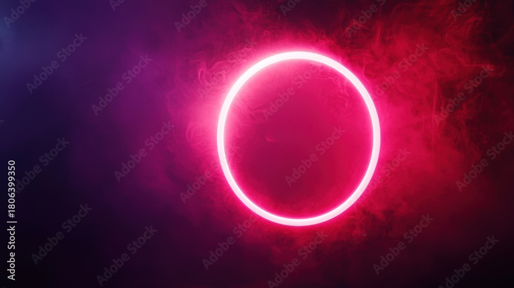 Obraz premium Red neon light ring with smoke on dark background. Luminous led circle with fog on black. Laser glow round frame with smoke effect. Abstract electric futuristic portal template for design or game