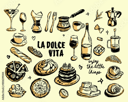 Hand draw retro la dolce vita breakfast or brunch doodles. Vector illustration of food and coffee sketch in ink drawing style editable