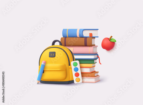 Stack of colorful books, school backpack, pencil and apple. Back to school and education concept. 3D Vector Illustration.
