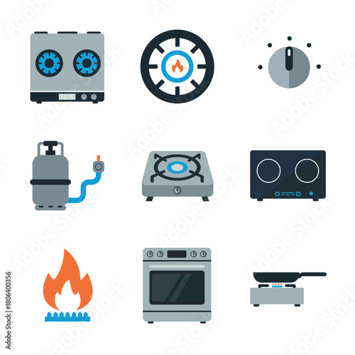 Gas Stove and Kitchen Cooking Icon Set – Flat Modern Vector Illustration