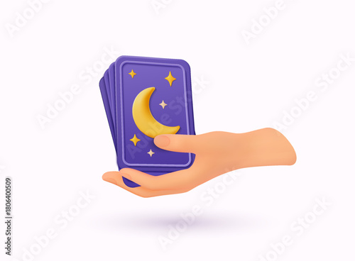 Hand holding tarot cards with moon and stars. Fortune telling, astrology and mystic prediction concept. 3D Vector Illustration.