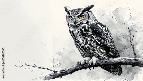 Owl perched on a branch with watercolor background