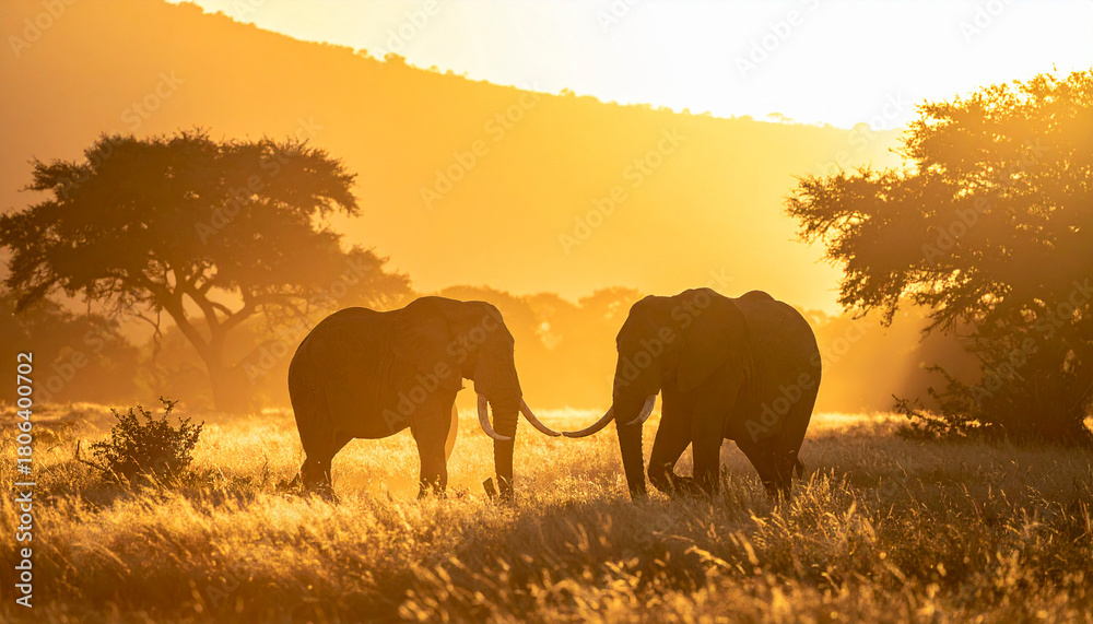 Obraz premium Elephant silhouette against sunset in savanna