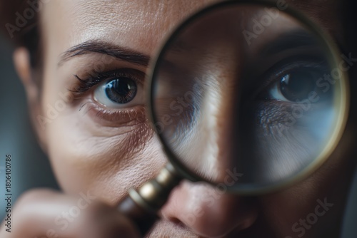 Close up of a woman's face seen through a magnifying glass with shallow depth of field