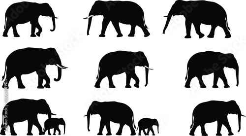 Elephant icon set, walking silhouettes of adult and baby elephants in side profile, black illustration, wildlife, nature, animal, vector grid