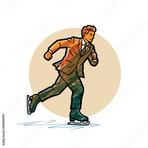 Businessman ice skating confidently in winter park landscape  