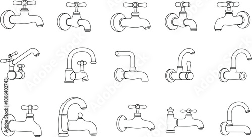 Faucet, design, illustration, set, with, modern, traditional, spout, handle, plumbing, fixture, vector, content, silhouette, home, improvement, architecture, interior, decor, hardware, style, bathroom