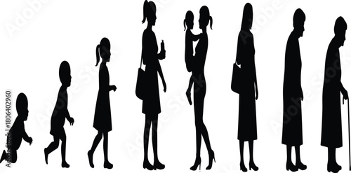 Female life stages icon set, silhouette of baby, toddler, girl, woman, mother, elderly, aging process, black and white illustration grid