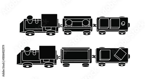 Black and white illustration depicting two rows of toy train cars