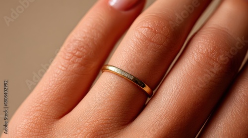 Elegant gold ring resting on a person's finger with soft lighting and a neutral background