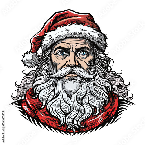 Santa Claus head illustration with horror, tribal, and gothic design elements of a scary evil skull king