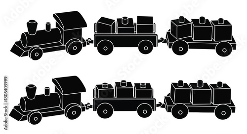 Simple black and white illustration of toy trains connected as a railway