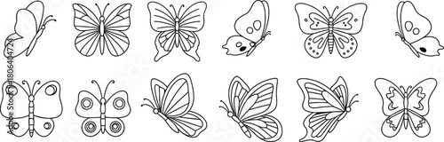 Collection of delicate hand drawn butterfly silhouettes in various poses and styles