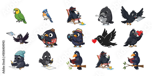 Collection of pixelated birds in various poses and with different accessories