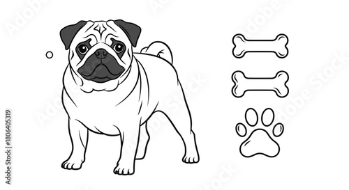 A charming black and white line art illustration of a cute pug dog standing, with its characteristic wrinkly face and curled tail, accompanied by two stylized bones and a paw print graphic.