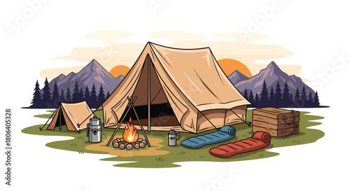 An inviting rustic campsite with two tents, a warm campfire, and cozy sleeping bags, set against a picturesque mountainous backdrop at sunset.