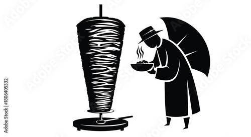 A stylized black and white illustration of an angel-like figure with an umbrella-wing holding a steaming bowl, standing beside a large vertical rotisserie of meat.