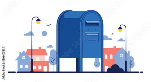 A cheerful flat-design illustration showcases a prominent blue street mailbox in a charming neighborhood, surrounded by colorful houses, trees, and streetlights, representing mail and community.