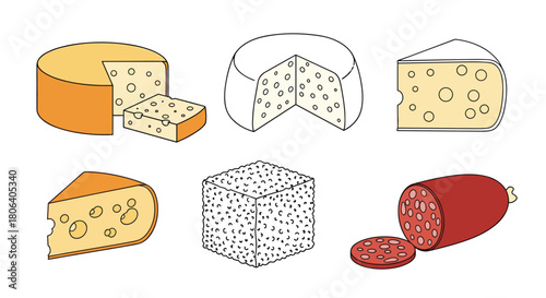 An illustrative collection featuring diverse cheese types, including whole wheels, classic wedges with holes, and a textured block, paired with a sliced salami log.