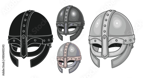 A collection of four stylized illustrations depicting ancient Viking helmets in various metallic shades and designs, perfect for historical and warrior-themed projects.