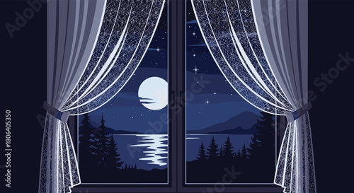 A serene pixel art scene featuring a window with sheer curtains open to a tranquil night view of a full moon reflecting on a lake, surrounded by mountains and pine trees.