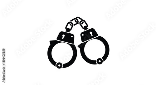 Black silhouette of metal handcuffs connected by a chain, symbolizing law enforcement, justice, crime, and security against a clean white background.