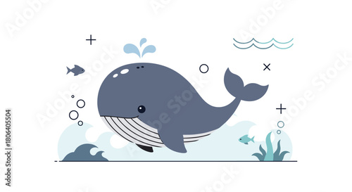 A charming and cute cartoon blue whale swims peacefully in a minimalist ocean scene, surrounded by gentle waves, tiny fish, and playful abstract elements.