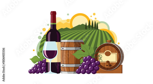 An idyllic illustration capturing the essence of winemaking, featuring a rich red wine bottle and glass, fresh grapes, oak barrels, and a picturesque vineyard landscape under a stylized sun.