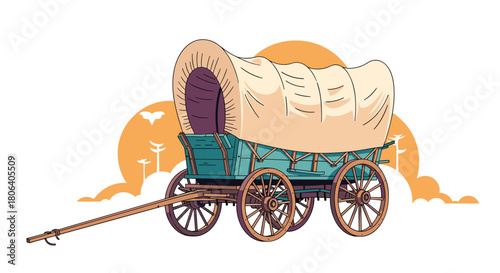 An illustration of a classic covered wagon with a canvas top, featuring wooden wheels and a long hitch, set against a stylized Western sunset backdrop.
