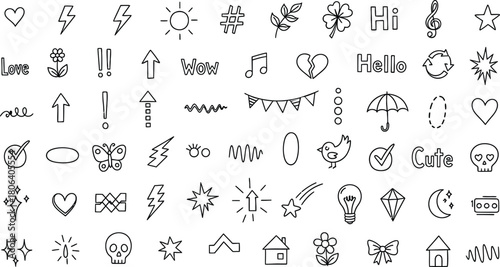Collection of hand drawn doodle icons featuring symbols objects and abstract designs