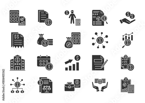 Accounting thin glyph icon set. Containing accountant, audit, earnings, invoice, finance, tax calculator, profit loss, money management, credit, analysis . Vector illustration