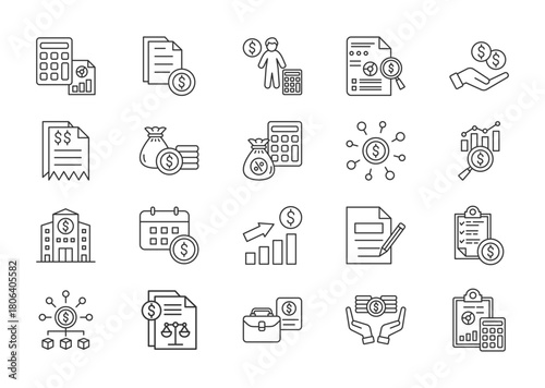 Accounting thin line icon set. Containing accountant, audit, earnings, invoice, finance, tax calculator, profit loss, money management, credit, analysis . Vector illustration