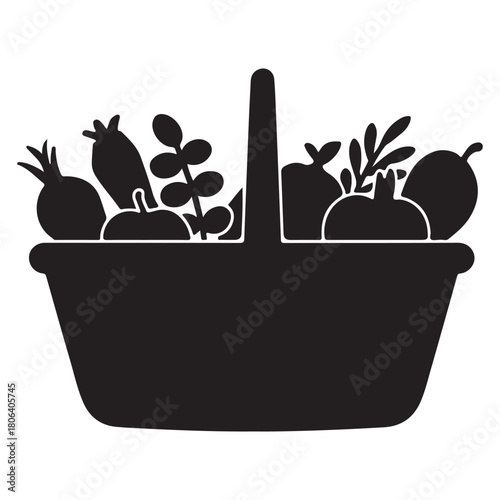  A full basket of fresh vegetables and fruits in a silhouette style