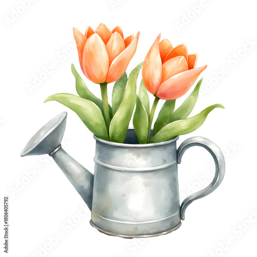 orange tulips in watering can watercolor clip art preview