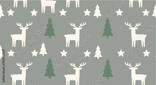 Seamless Christmas pattern with charming white reindeer, green fir trees, and stars on a grey background for festive holiday decor