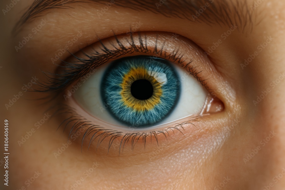 Fototapeta premium Close-up of a human eye with vibrant blue and yellow iris colors, representing vision, perception, and awareness in a hyper-detailed artistic concept. Ai generative