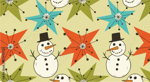 Whimsical retro winter holiday pattern featuring cheerful snowmen wearing top hats amidst a vibrant collection of mid-century modern starbursts on a light, festive background