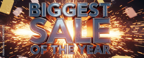 Dramatic Biggest Sale of the Year text render with glowing light effects, metallic textures and scattered sale tags creating an urgent marketing concept for holidays banner and cover